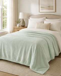 Light‑green solid flannel fleece blanket laid on bed, cozy minimalist bedroom lifestyle scene