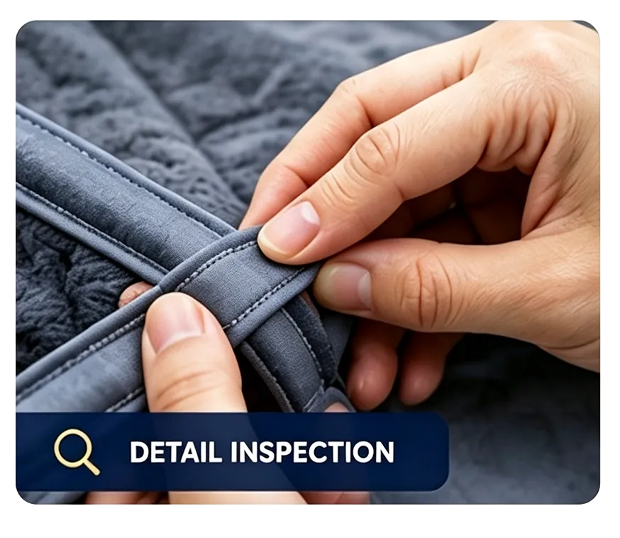 Close-up detail inspection of reinforced stitching seam on Apex home textile blanket, workmanship quality control