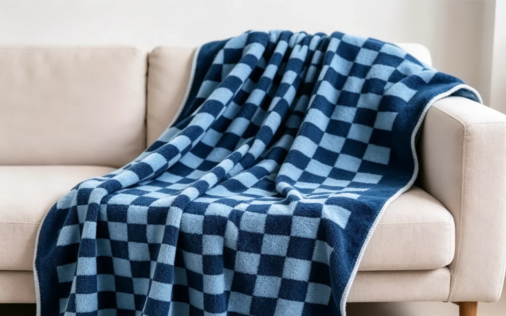Blue buffalo check plush fleece throw blanket draped on beige sofa, Apex home textile decorative blanket