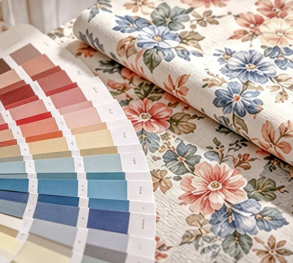 Floral printed home textile fabric with color swatch card for custom blanket development