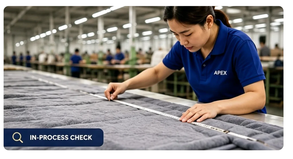 Apex factory QC inspector measuring textured home textile blanket fabric during in-process quality control check