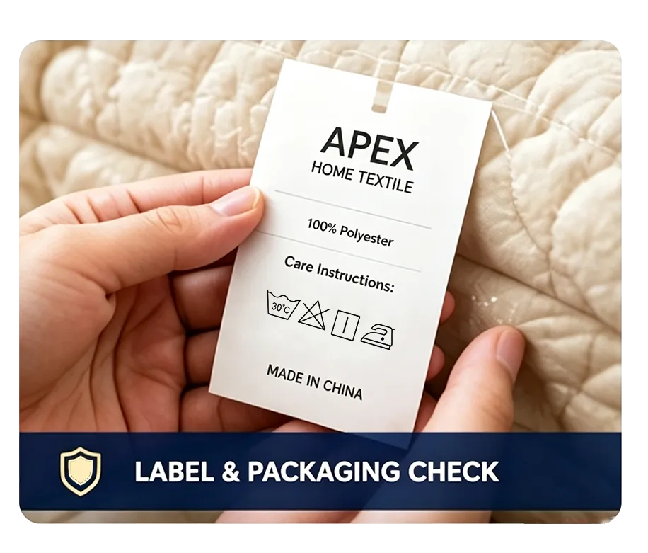 Apex home textile care label packaging check, 100% polyester fabric hang tag with washing symbols