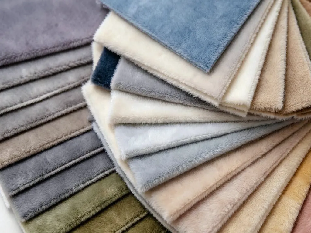 Multicolor plush fabric swatch color card, soft fuzzy textile sample for blanket and home decor