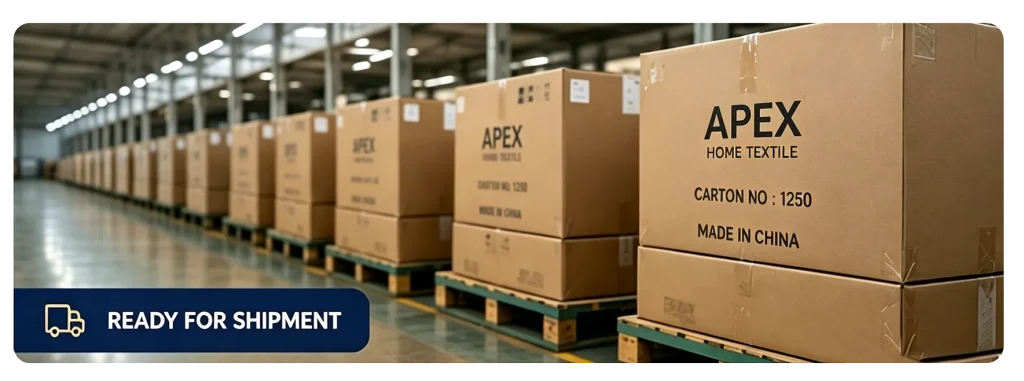 Apex Home Textile export cartons stacked on pallets in warehouse, ready for shipment, wholesale home textile blankets made in China