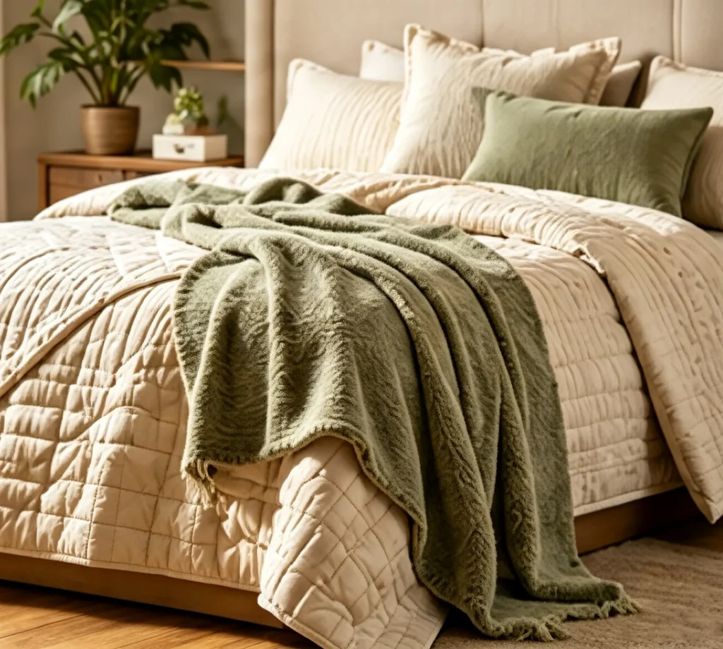 Sage green plush fleece throw blanket styled on modern bedroom bed, Apex home textile