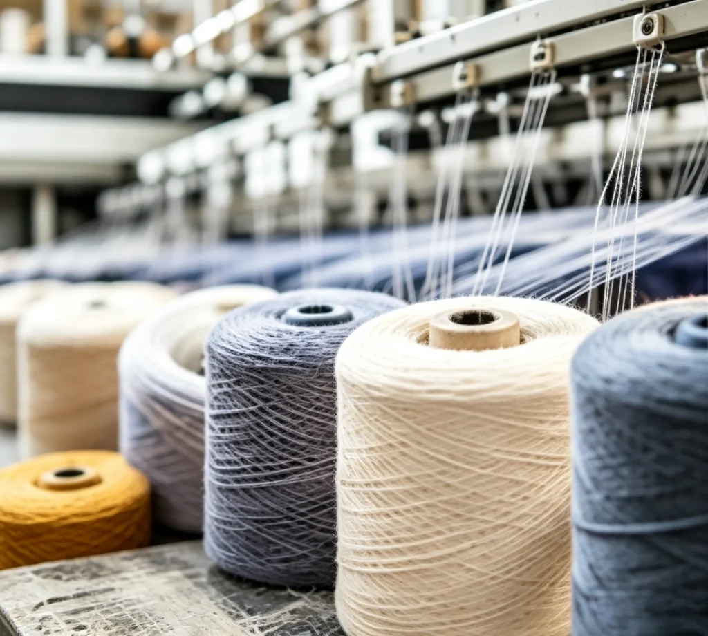 Textile yarn cones at Apex home textile spinning factory, raw material for fleece blankets