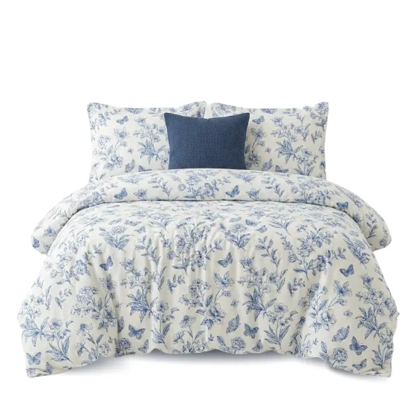 Blue floral and butterfly printed duvet cover set, vintage botanical bedding set for home bedroom decor
