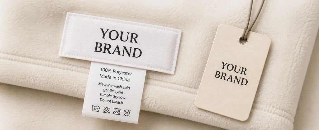Premium custom private label tags set, woven tag, hang tag and care label for fleece blanket OEM service