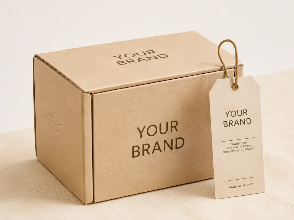 Custom brand kraft paper box with hangtag for textile product packaging