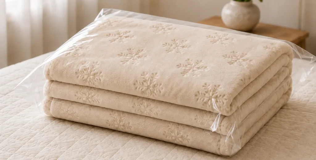 Snowflake cut‑flower flannel blanket packed in PE dust‑proof bag, folded with clear plastic packaging for storage and shipping protection