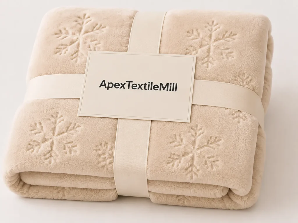 Snowflake cut‑flower flannel blanket with strap banding and custom brand label, folded packaging for private label and retail display