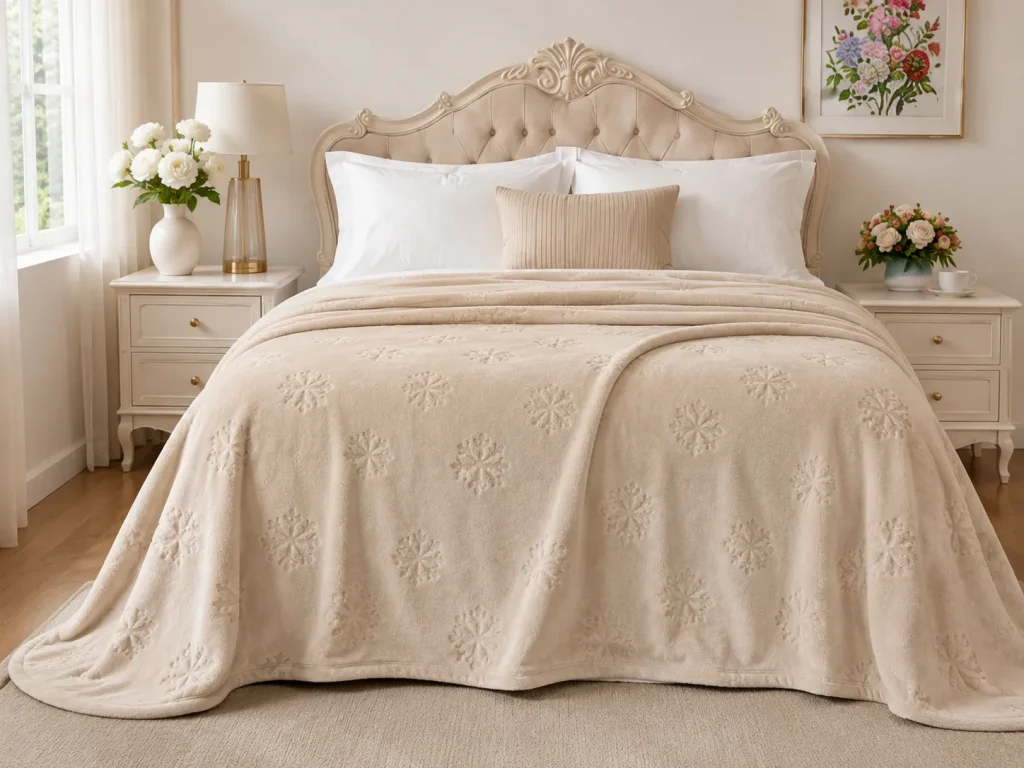 Beige cut‑flower snowflake flannel blanket, plush throw for bedroom decor