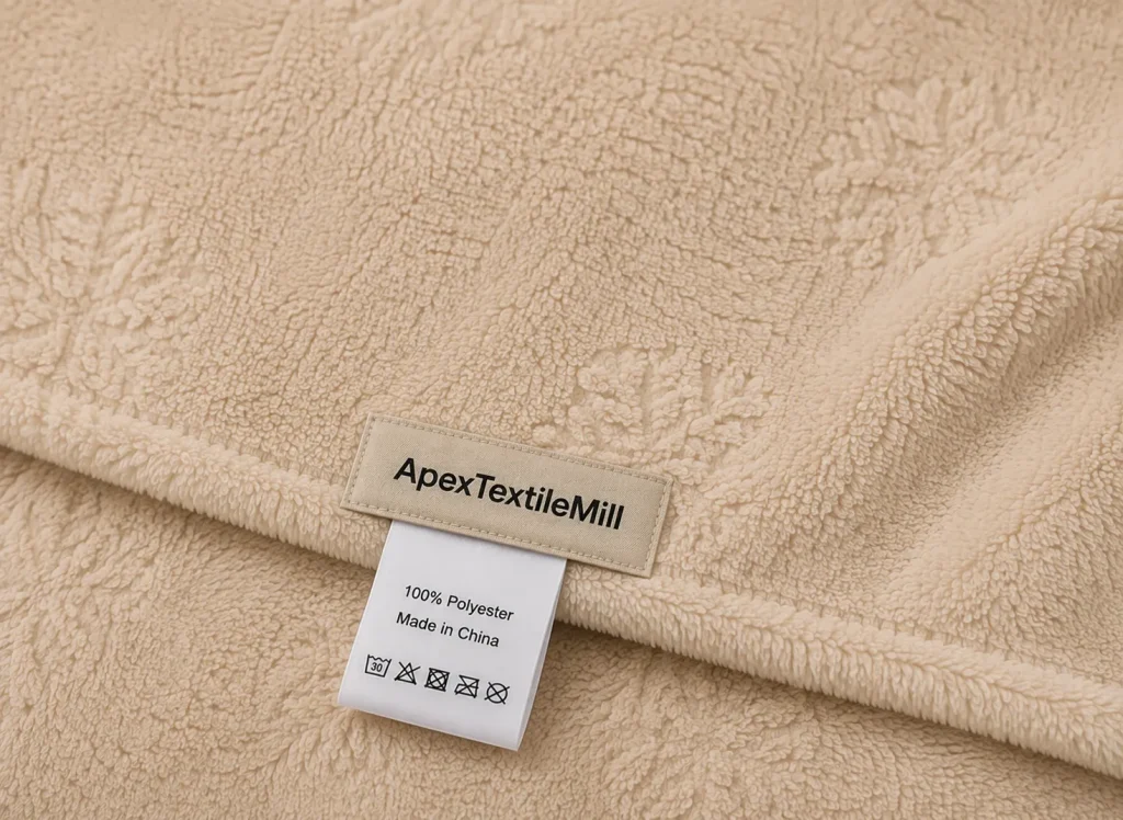 Snowflake cut‑flower flannel blanket, close‑up of woven 100% polyester custom brand care label for OEM wholesale