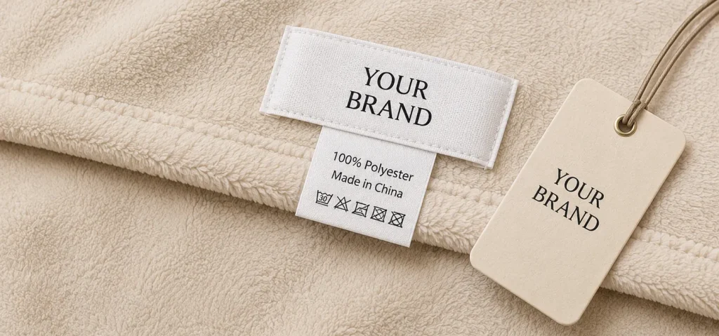 Custom private label tag for snowflake cut‑flower flannel blanket, 100% polyester fabric, OEM branding service