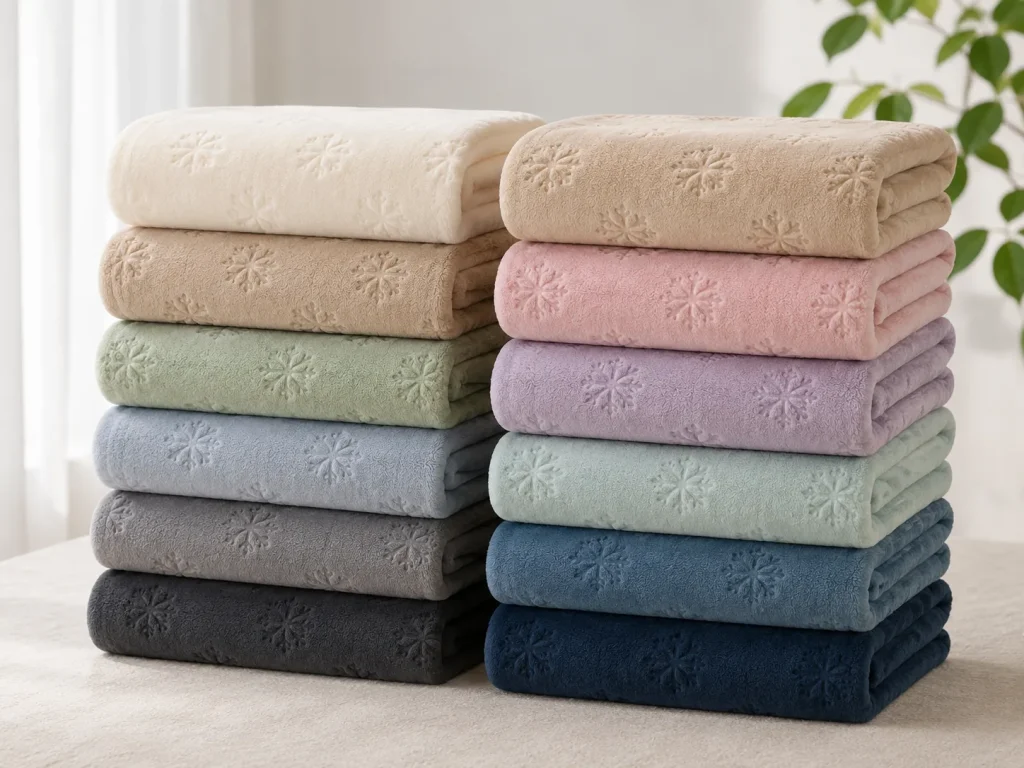 Multi‑color collection of cut‑flower snowflake embossed flannel blankets folded in stack display