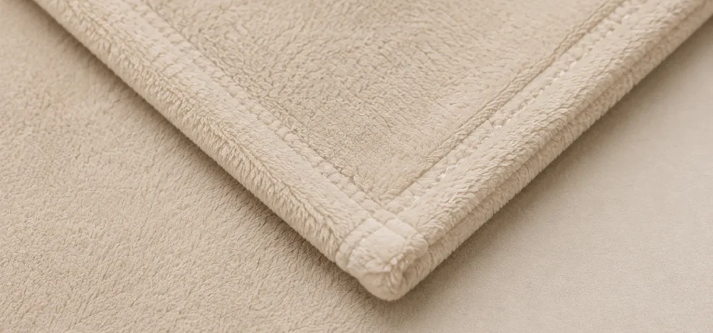 Close‑up of double‑stitched hem for snowflake cut‑flower flannel blanket, neat finished edge, premium sewing craftsmanship