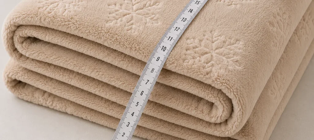 Snowflake cut‑flower flannel blanket folded thickness measurement with ruler, thick plush cozy throw