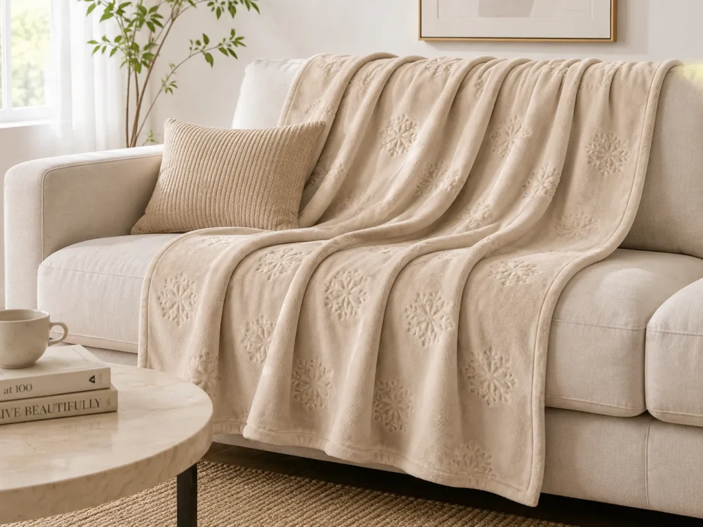 Soft beige cut‑flower snowflake flannel throw blanket draped over home sofa