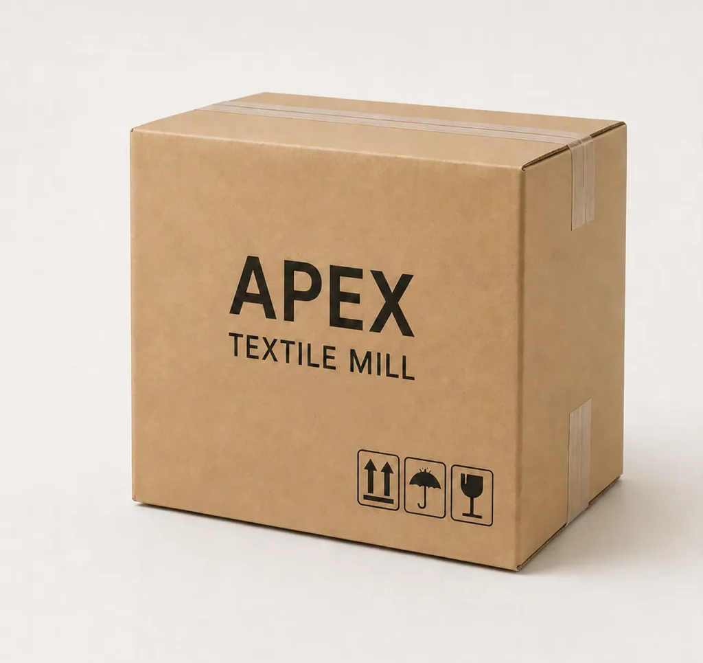Premium export carton from Apex textile mill for flannel blankets, marked with shipping handling symbols