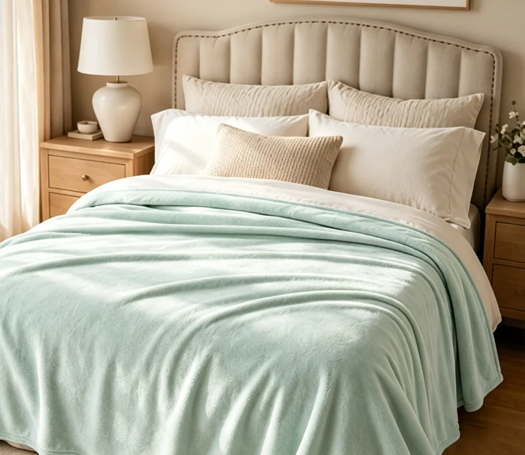 Lightweight plush sage‑green flannel fleece blanket laid on bed, versatile all‑season bed cover