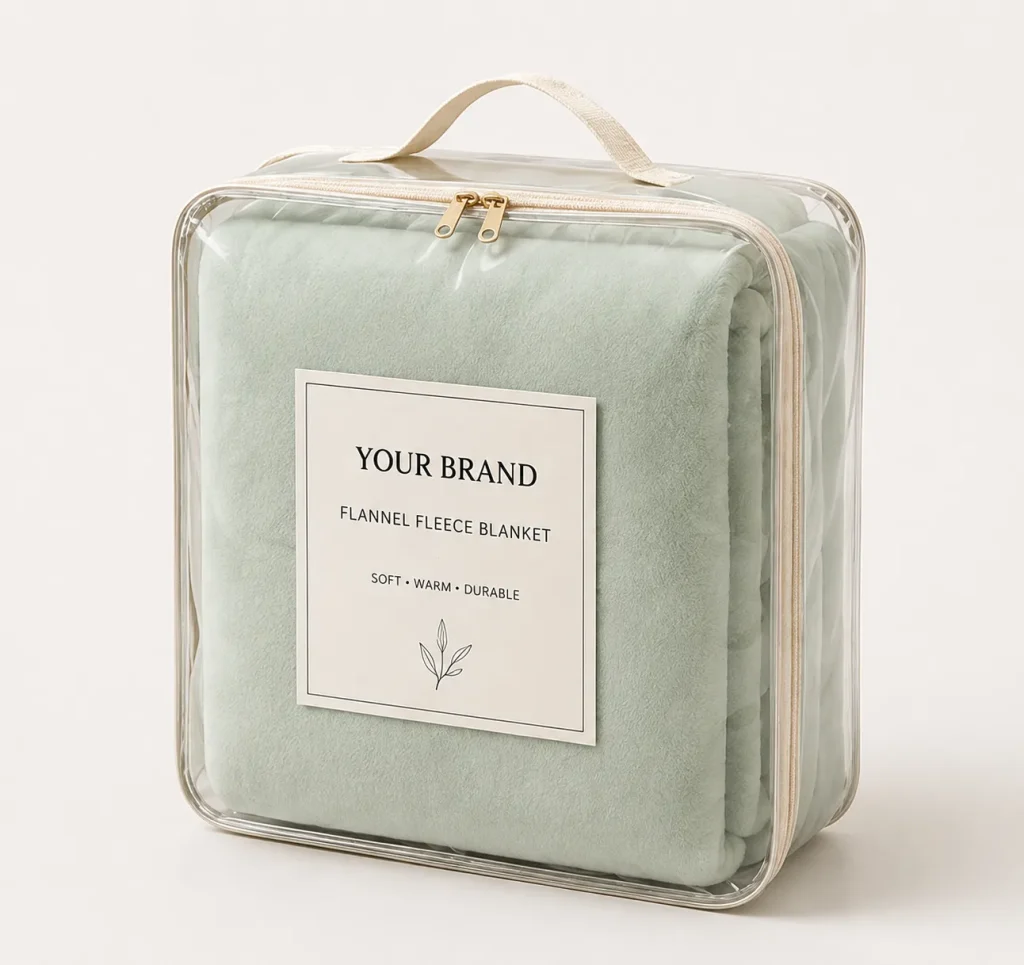 Premium light‑green flannel fleece blanket sealed inside a transparent zipper storage bag with carry handle