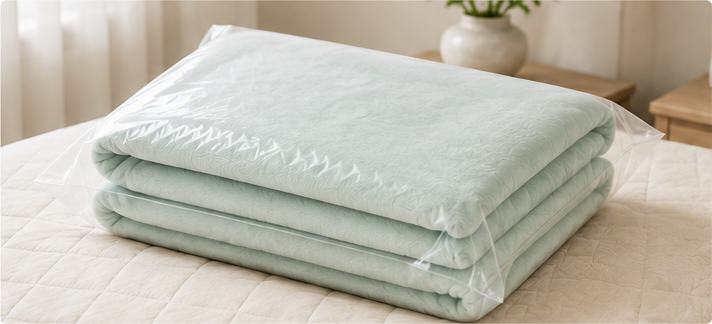 Premium light‑green flannel blanket neatly folded inside a clear plastic retail package