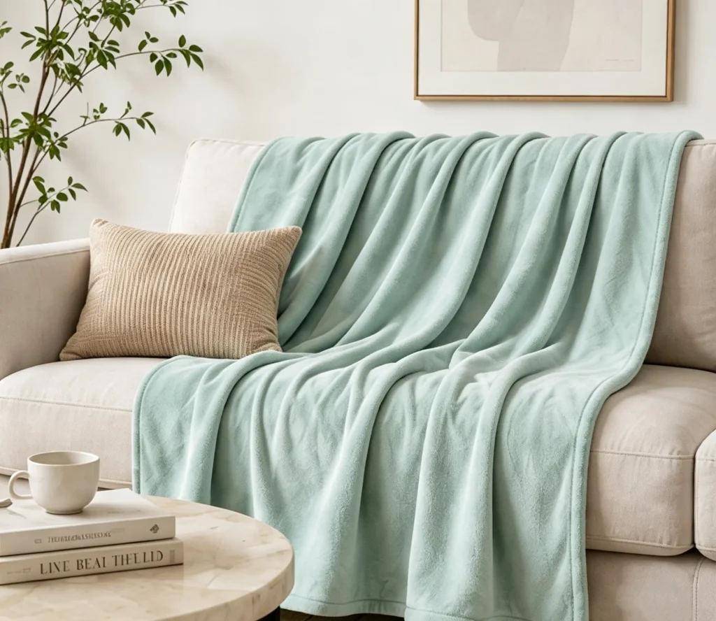 Soft cozy sage‑green flannel fleece throw blanket draped over a beige couch, living‑room home decor