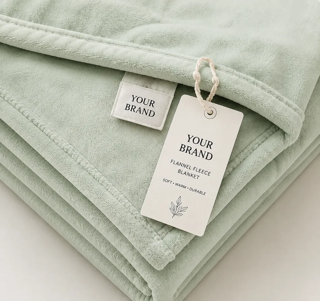 Premium light‑green flannel fleece blanket, close‑up of custom woven label and hang tag