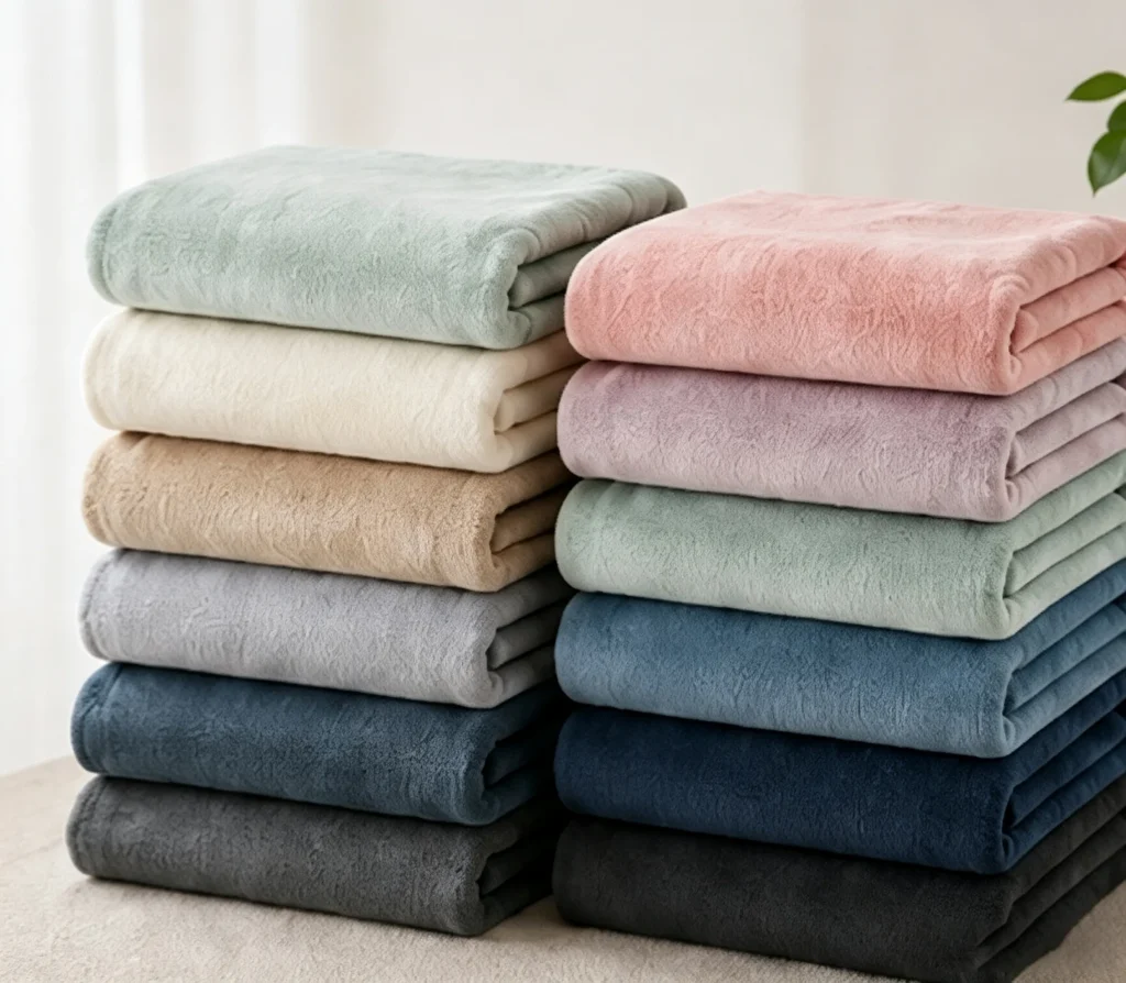 Plush solid‑color flannel fleece blankets, multi‑color stacked swatch display