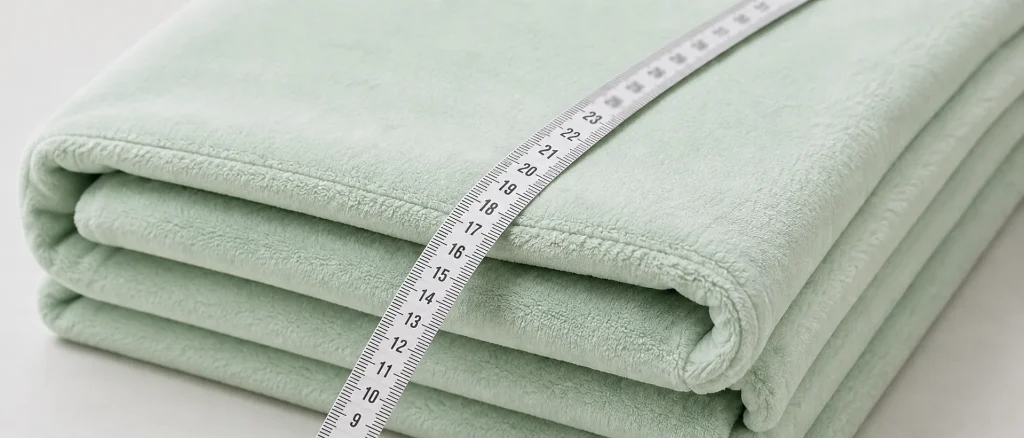 Premium light‑green flannel fleece blanket neatly folded with measuring tape for custom size reference
