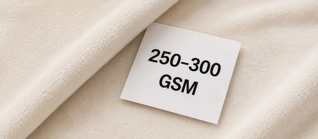 High‑density soft fleece blanket fabric, marked 250‑300 GSM weight specification