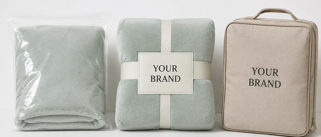 Premium private‑label fleece blanket shown in three packaging options, clear plastic bag, ribbon band and carry storage bag