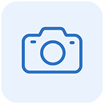 Blue outline camera icon, product photography & fabric sample shooting