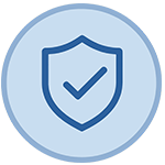 Blue shield checkmark icon, secure & quality assurance badge