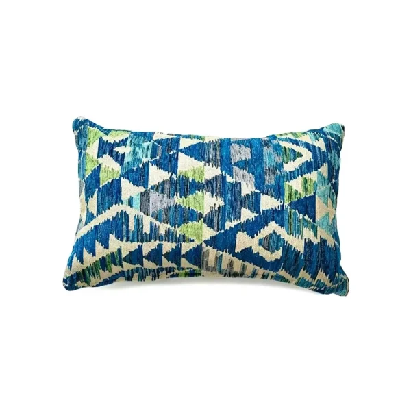 Rectangular ikat geometric decorative cushion, boho lumbar throw pillow with blue and green tribal pattern