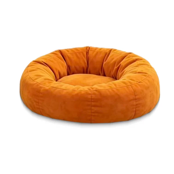 Round orange velvet pet bed, donut shaped soft pet cushion for dogs and cats resting