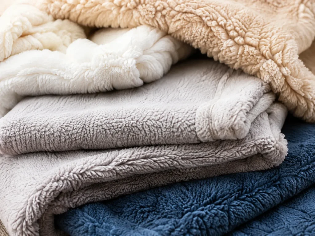 Stacked multi‑color sherpa fleece blankets soft textile fabric