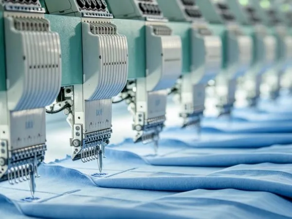 Industrial textile embroidery machines working on fabric, home textile factory production line