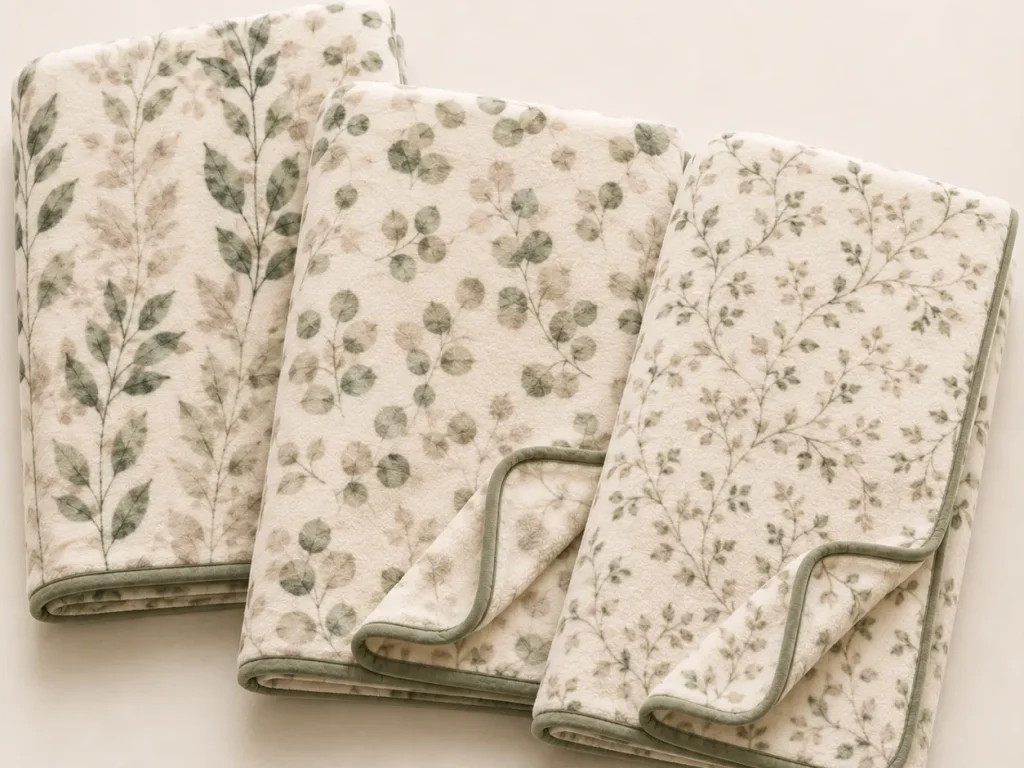 Printed flannel fleece blanket, multi‑pattern display, decorative bed throw