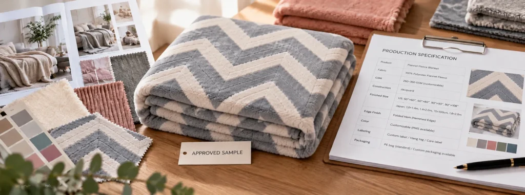 Approved custom blanket production sample with specification sheet, fabric swatches and color cards for home textile product development and quality approval