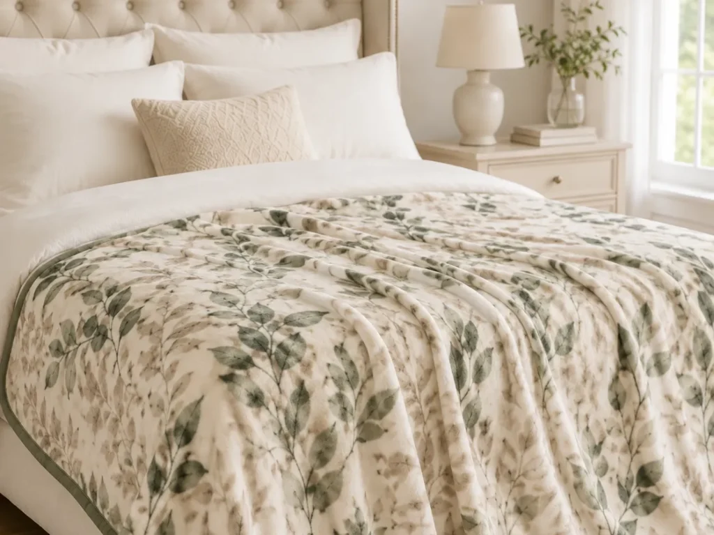 Printed flannel fleece blanket, bedroom lifestyle shot, elegant home decor