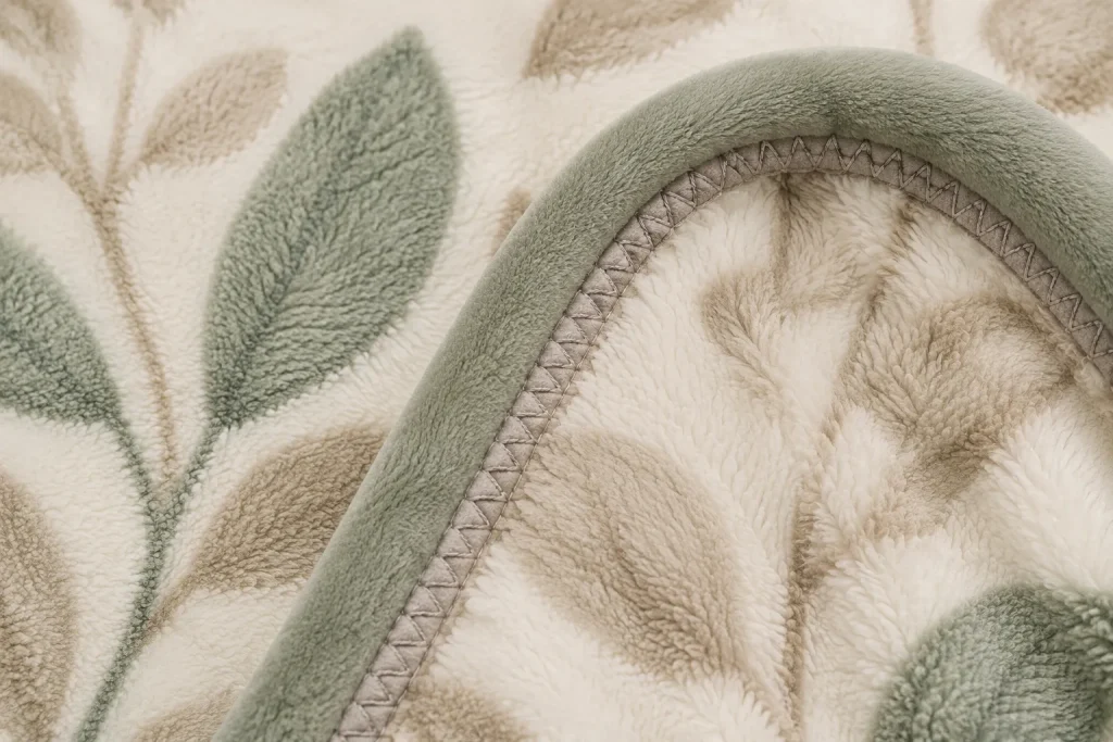Printed flannel fleece blanket, edge binding closeup, fine finished textile