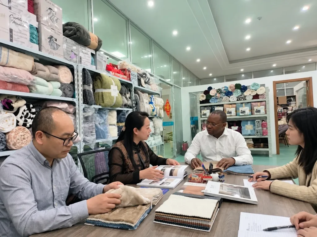 Blanket business meeting, chinese factory supplier negotiating with african client in textile sample showroom