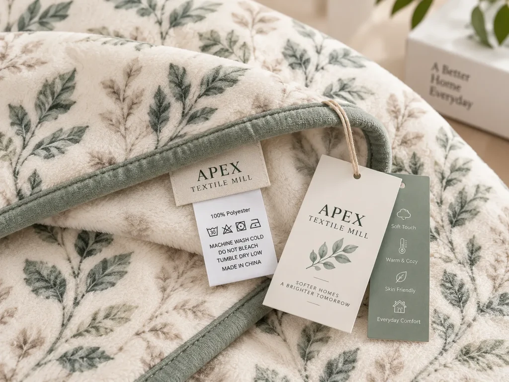 Flannel blanket, leaf pattern fabric tag closeup, skin friendly throw blanket