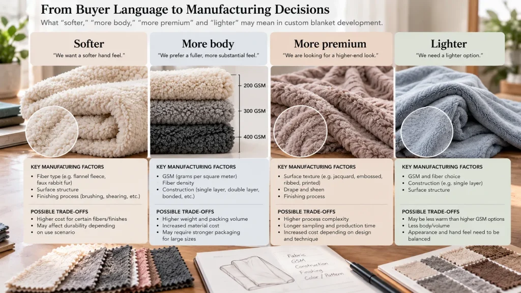Infographic for custom blanket development translating buyer hand‑feel requirements into manufacturing decisions, covering softness, gsm weight, premium texture and lightweight options for home textile production