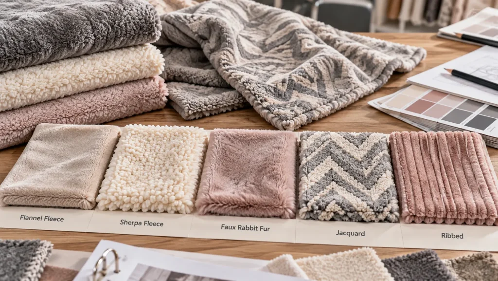 Flannel fleece, sherpa fleece, faux rabbit fur, jacquard and ribbed blanket material samples for custom product development