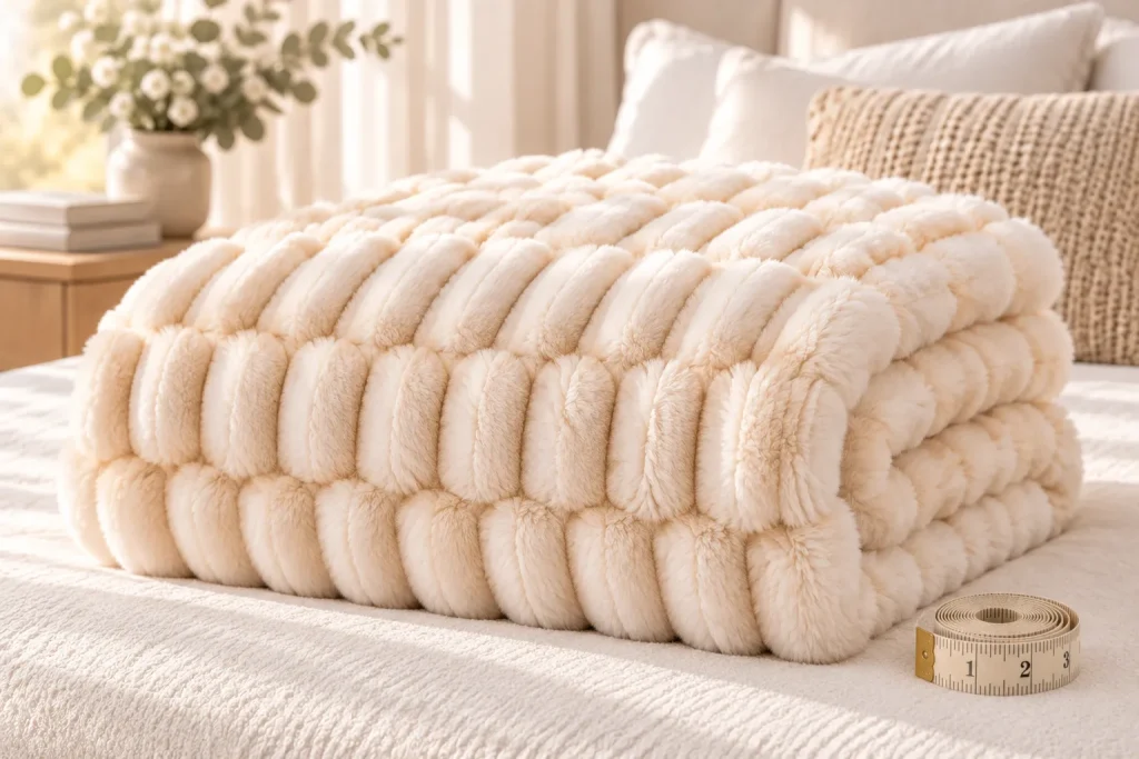 Double sided spandex faux rabbit fur blanket, bed stacked measurement shot, thick winter blanket