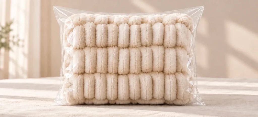 Double sided spandex faux rabbit fur blanket, clear plastic bag packing, compact retail package
