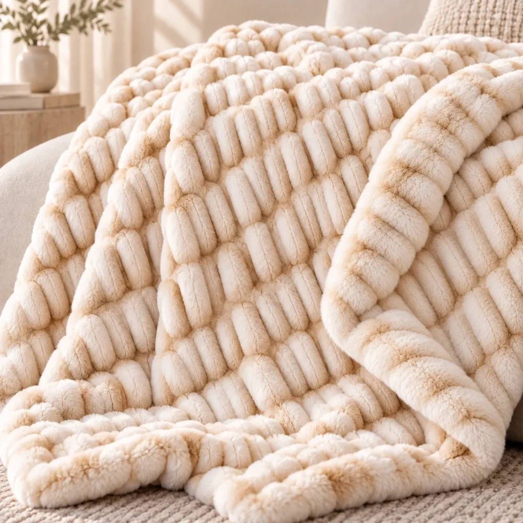 Double sided spandex faux rabbit fur blanket, couch fold view, fluffy home throw