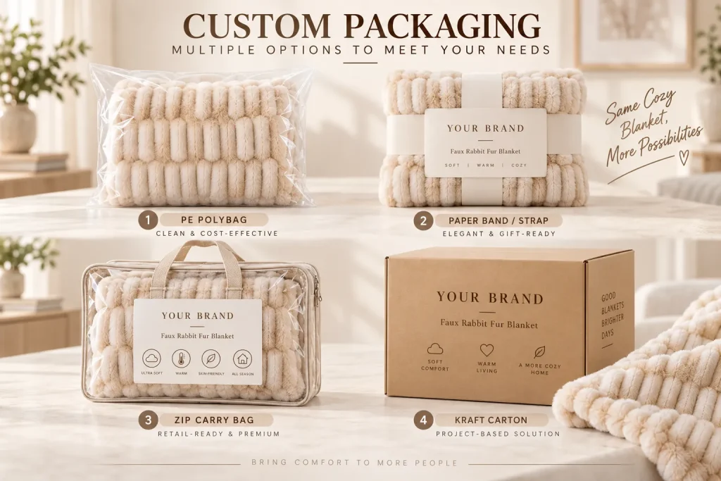 Faux rabbit fur blanket, packaging showcase, multiple custom retail packaging solutions